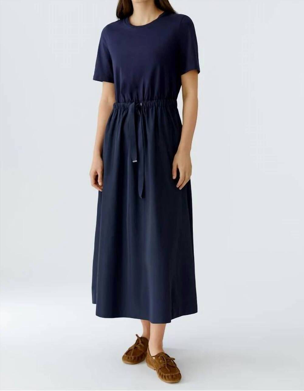 NEW OUI tie waist short sleeve midi dress in dark blue